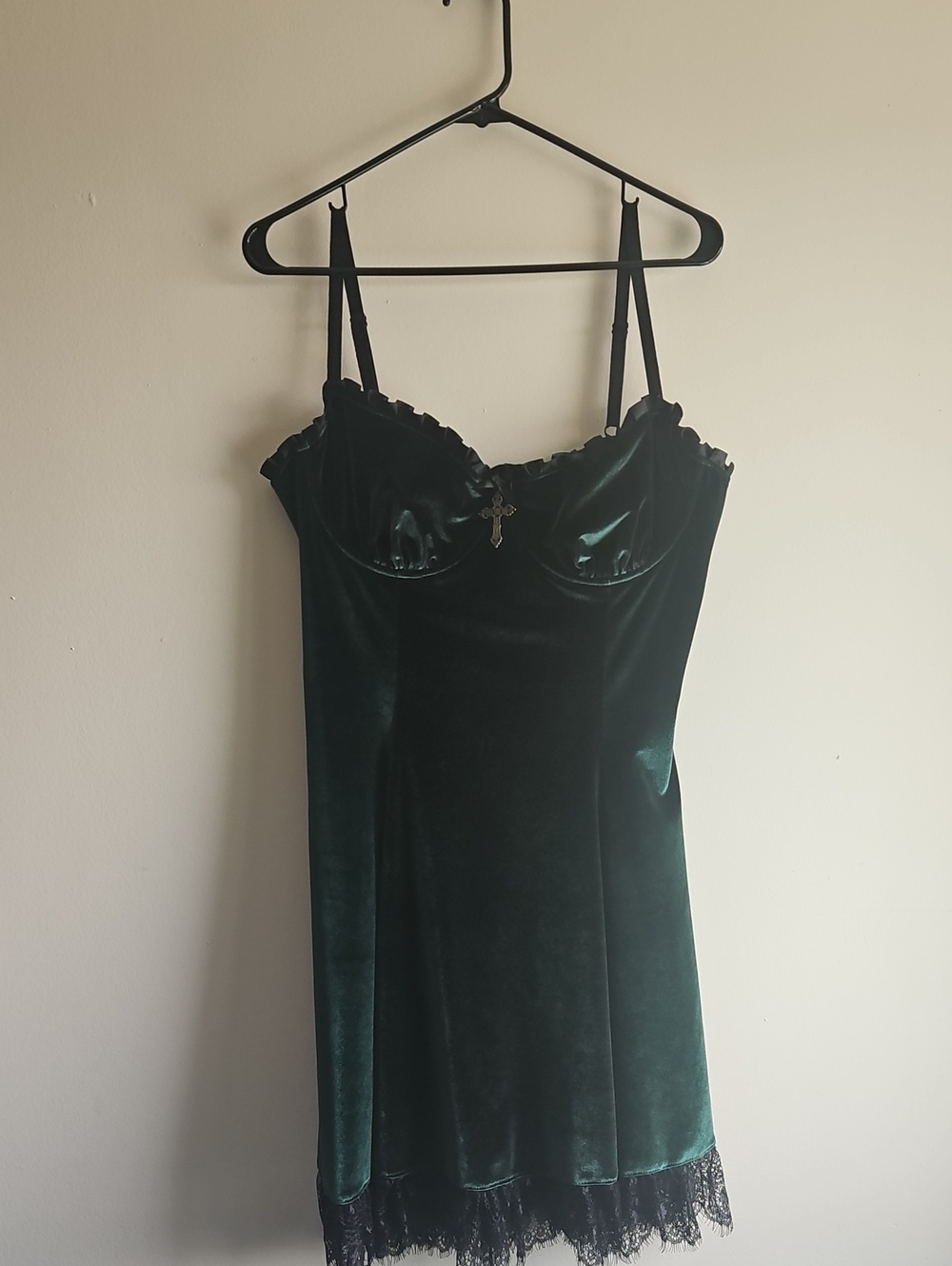 Emerald Green Velvet Slip Dress with Lace Trim
